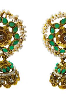 Ethnic Indian Bollywood Traditional Mint Green Pearl Kundan Jhumki Earrings Set