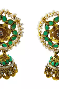 Ethnic Indian Bollywood Traditional Mint Green Pearl Kundan Jhumki Earrings Set