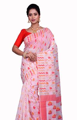 White Woven Cotton Silk Saree With Blouse 1