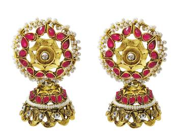 Ethnic Indian Bollywood Traditional Ruby Pearl Kundan Jhumki Earrings Set 1