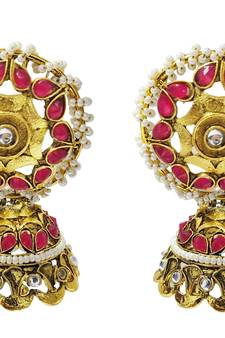 Ethnic Indian Bollywood Traditional Ruby Pearl Kundan Jhumki Earrings Set