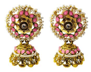 Ethnic Indian Bollywood Traditional Baby Pink Pearl Kundan Jhumki Earrings Set 1
