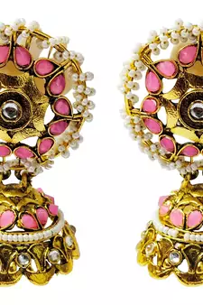 Ethnic Indian Bollywood Traditional Baby Pink Pearl Kundan Jhumki Earrings Set