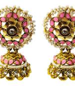 Ethnic Indian Bollywood Traditional Baby Pink Pearl Kundan Jhumki Earrings Set