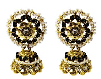 Ethnic Indian Bollywood Traditional Black Pearl Kundan Jhumki Earrings Set 1