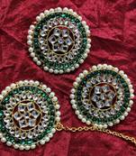 Designer Round Studs Earrings White Green Kundan Pearl Earrings Tikka Set