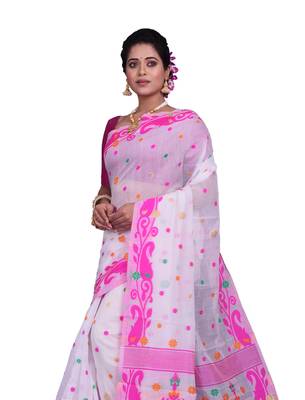 White Woven Cotton Silk Saree With Blouse 1