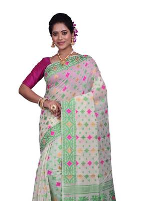 White Woven Cotton Silk Saree With Blouse 1
