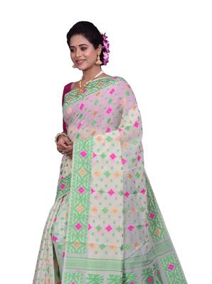 White Woven Cotton Silk Saree With Blouse 3
