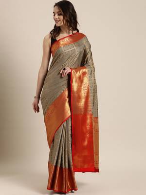 Grey woven silk blend saree with blouse 1