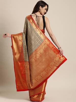 Grey woven silk blend saree with blouse 2