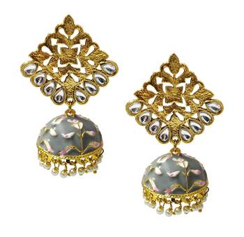 Antique Gold Plated Grey Pink Meenakari Jhumka Jhumki Earrings Set 1
