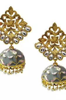 Antique Gold Plated Grey Pink Meenakari Jhumka Jhumki Earrings Set