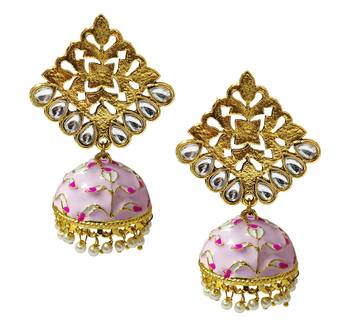 Antique Gold Plated Magenta Pink Meenakari Jhumka Jhumki Earrings Set 1