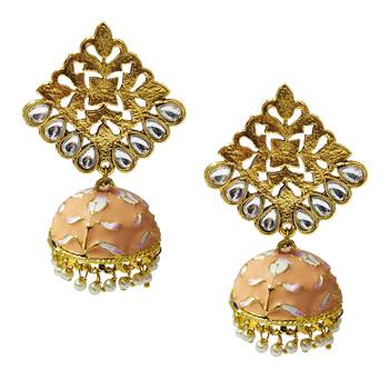 Antique Gold Plated Peech Pink Meenakari Jhumka Jhumki Earrings Set 1