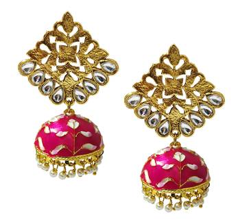 Antique Gold Plated Raani Pink Meenakari Jhumka Jhumki Earrings Set 1