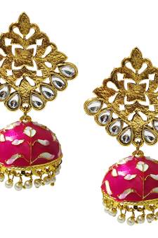 Antique Gold Plated Raani Pink Meenakari Jhumka Jhumki Earrings Set