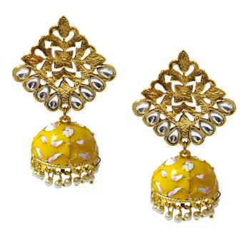 Antique Gold Plated Yellow Pink Meenakari Jhumka Jhumki Earrings Set 1