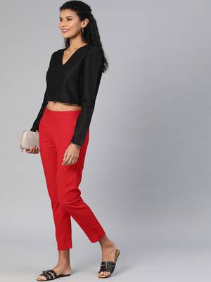 Red plain cotton trousers 5