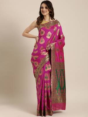 Pink woven silk blend saree with blouse 1