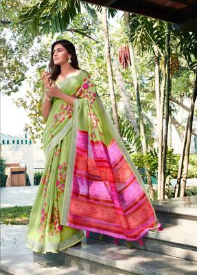 Green printed linen saree with blouse 1