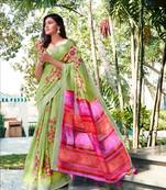 Green printed linen saree with blouse