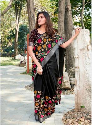 Black printed linen saree with blouse 1