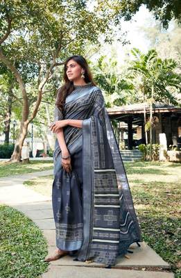 Grey printed linen saree with blouse 1