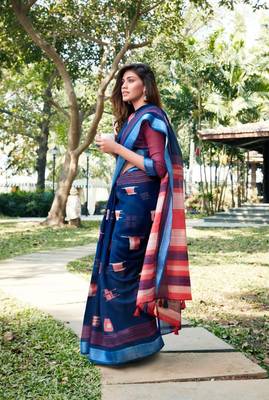 Navy blue printed linen saree with blouse 1