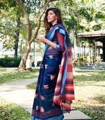 Navy blue printed linen saree with blouse