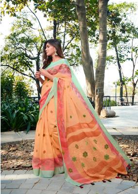 Peach printed linen saree with blouse 1