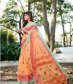 Peach printed linen saree with blouse