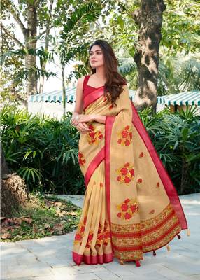 Beige printed linen saree with blouse 1