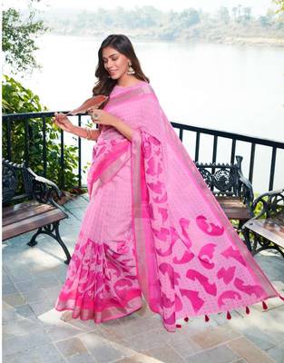 Pink printed linen saree with blouse 1