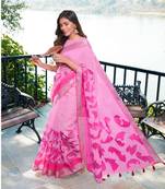 Pink printed linen saree with blouse