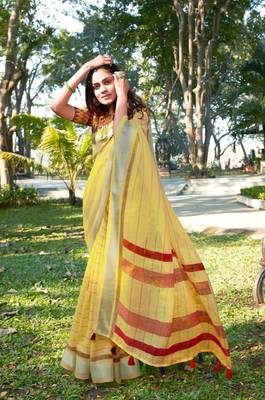 Yellow printed linen saree with blouse 1