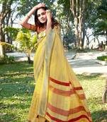 Yellow printed linen saree with blouse