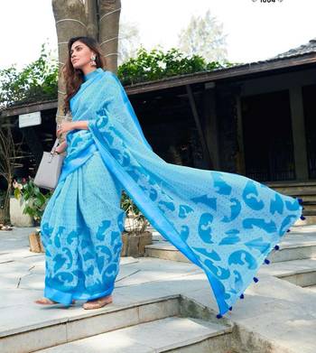 Sky blue printed linen saree with blouse 1