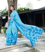 Sky blue printed linen saree with blouse
