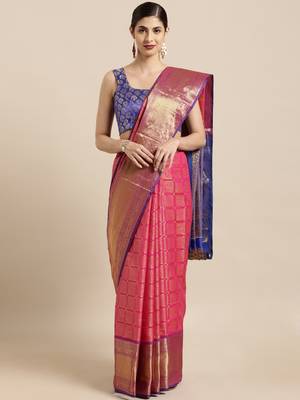 Pink woven silk blend saree with blouse 1