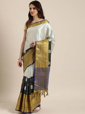 Silver Woven Silk Blend Saree With Blouse 1