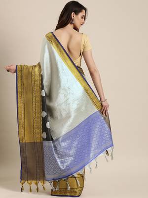 Silver Woven Silk Blend Saree With Blouse 2