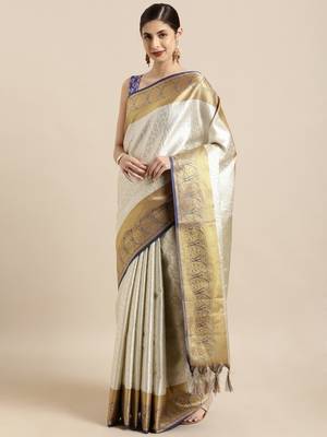 Silver Woven Silk Blend Saree With Blouse 1