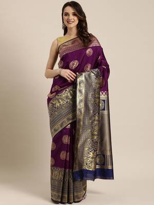 Wine Woven Silk Blend Saree With Blouse 1