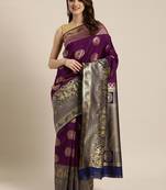 Wine Woven Silk Blend Saree With Blouse