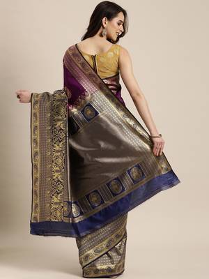Wine Woven Silk Blend Saree With Blouse 2