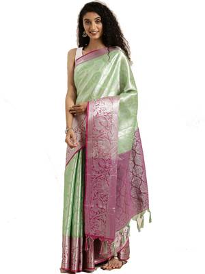 Green woven silk blend saree with blouse 1