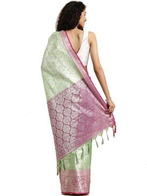 Green woven silk blend saree with blouse 2