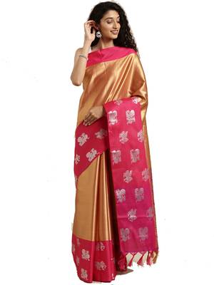 Gold Woven Silk Blend Saree With Blouse 1