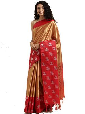 Gold Woven Silk Blend Saree With Blouse 1